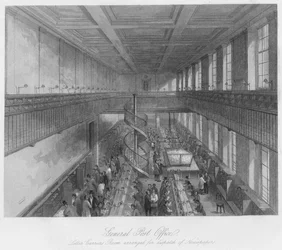 Ufficio Postale Generale. Sala dei Portalettere organizzata per la spedizione dei Giornali, c1841