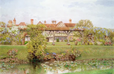 Great Tangley Manor, Surrey, con lo Stagno di Gigli e il percorso coperto