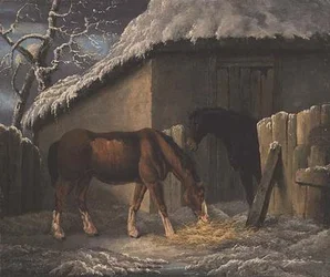 Paesaggio invernale con due cavalli che si nutrono fuori da una stalla