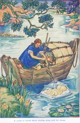 Uno scrigno di cristallo che galleggia lungo il torrente (litografia a colori)