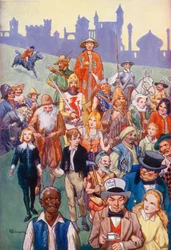 Personaggi familiari dei libri di storia (litografia a colori)