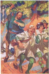 Ha spinto i tre davanti a sé, le loro grida di rabbia e di dolore sono state soffocate dai suoi ruggiti di risata (litografia a colori)