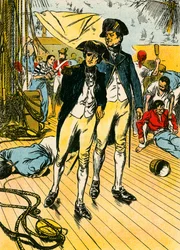 Nelson sulla "Victory" a Trafalgar (litografia a colori)