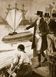 Robert Fulton in Francia mentre mostra il suo sottomarino "Nautilus" in funzione (litografia)