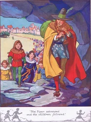 Il pifferaio avanzava e i bambini lo seguivano (litografia a colori)