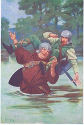Con un colpo di mano mandò il fuorilegge a precipitare nel torrente (litografia a colori)