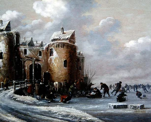 Paesaggio invernale con pattinatori vicino a una porta fortificata