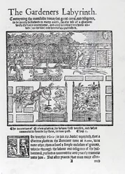 Pergolato costruito come ombra contro il sole e piantagione in aiuole rialzate, da The Gardeners Labyrinth, 1577