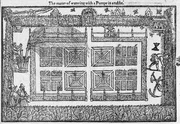 Il modo di annaffiare con una pompa in una vasca, da The Gardeners Labyrinth, 1577