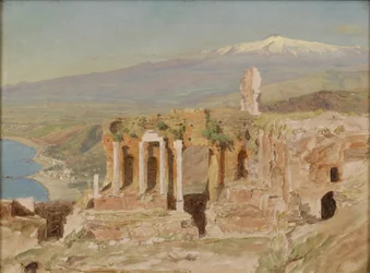 Vista delle rovine del teatro greco di Taormina e del Monte Etna, Sicilia