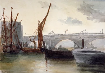 Vista del ponte di Blackfriars, con barche in primo piano, Londra, c1835