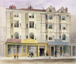 Una vecchia casa chiamata Half Moon Tavern, sul lato ovest di Aldersgate Street