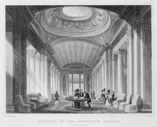 Interno della Biblioteca degli Avvocati, Edimburgo, inciso da William Watkins, 1831