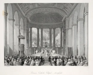 Cappella cattolica romana, Moorfields, da Interni londinesi con i loro costumi e cerimonie, pubblicato da Joseph Mead, Londra, ca. 1843