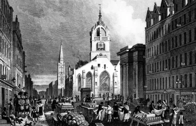 Chiesa di St. Gile, County Hall e il Lawn Market, Edimburgo, inciso da William Tombleson, c.1830