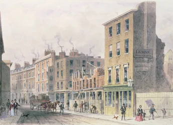 Veduta di Threadneedle Street, demolizione per miglioramenti, Merchant Taylors, Hall o Alderman Moon Print Shop all