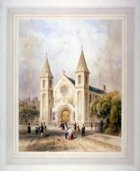 Vista di un edificio religioso sconosciuto in Regent Square, St Pancras, Londra, 1842
