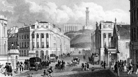 Waterloo Place, il Monumento nazionale, il Monumento a Nelson e Calton Hill, Edimburgo, inciso da Thomas Barber, 1829