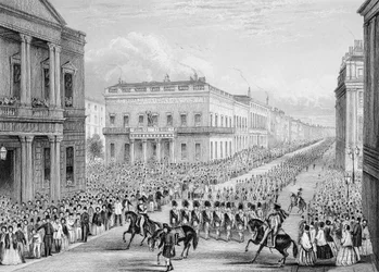 Processione funebre di Wellington che passa davanti al Senior United Service Club, Pall Mall, Londra, 1852