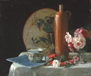 Natura morta con ventaglio e rose