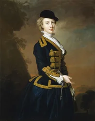 Ritratto di Nancy Fortescue, con abito da equitazione blu scuro, alamari dorati e berretto