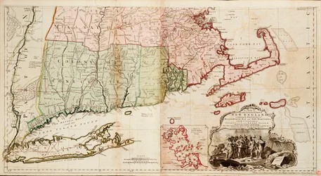 Mappa della parte più abitata del New England, contenente le province della Baia del Massachusetts e del New Hampshire con le colonie del Connecticut e del Rhode Island