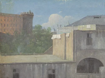 Edifici a Napoli con il lato nord-est di Castel Nuovo