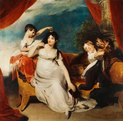 Ritratto di gruppo di Mrs Henry Baring e due dei suoi figli e un grande cane, un paesaggio oltre, c.1817-1824