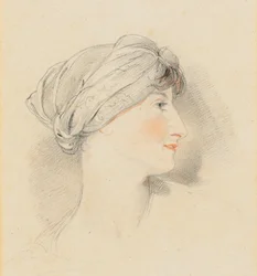 Ritratto di Mrs Jens Wolff, di profilo a destra, che indossa un turbante