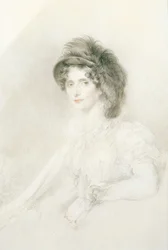 Ritratto di Elizabeth, Duchessa del Devonshire (1758-1824), seduta, mezzobusto, con un grande cappello piumato