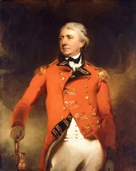 Ritratto del generale James Stuart in piedi a tre quarti, con uniforme rossa e decorazioni dorate