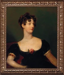 Ritratto di Lady Beresford, seduta, a mezza figura in abito nero decorato con una rosa