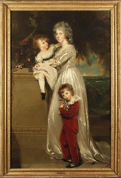 Ritratto di Mrs. Annesley in piedi a figura intera, in un vestito bianco con i suoi due bambini