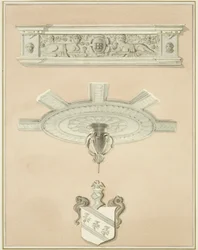 Dettagli della stanza nella Biblioteca Giuridica, incluso il pendente centrale del soffitto e la cornice