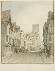 Temple Street, con la torre della Chiesa del Tempio