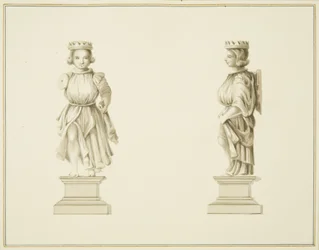 Due vedute di una figura intagliata in legno nella sala della sagrestia della Chiesa di San Giovanni