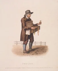 Venditore ambulante con la sua scatola di merci appesa al collo, 1820