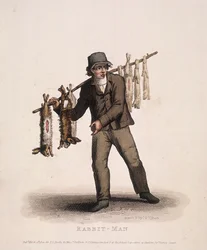 Venditore di conigli che porta un palo con conigli, 1820