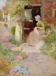Una ragazza che cuce alla porta di un cottage