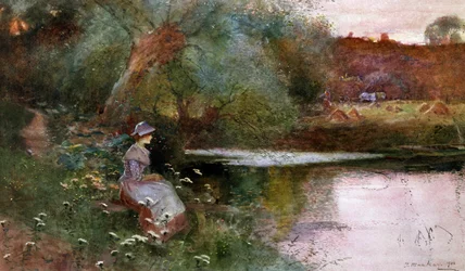 A Hampton Lucy, Warwickshire. Una ragazza seduta vicino a un lago in campagna. Dipinto di Thomas Mackay (1851-1920) Collezione privata