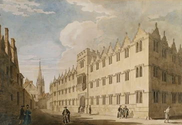 Oriel College, Oxford, con la Chiesa di St. Mary in Lontananza