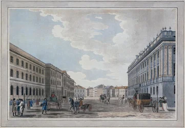 Vista di Millionnaya Street e del Palazzo di Marmo attraverso il Campo di Marte