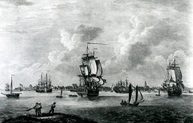 Veduta di Charles Town, capitale della Carolina del Sud in Nord America, inciso da Pierre Charles Canot