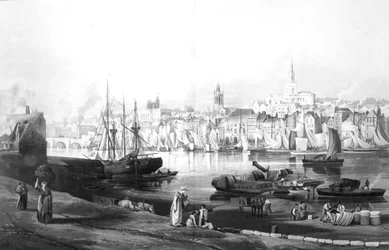 Veduta del porto e della città di Newcastle upon Tyne, dalla Rope Walk, Gateshead, inciso da Robert Havell, 1819