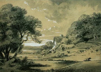 Paesaggio con un cottage vicino a un fiume