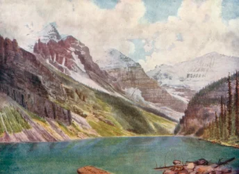 I monti Aberdeen, Lefroy e Victoria, sul lago Louise (litografia a colori)