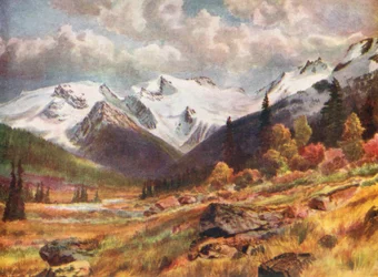 La valle dal Passo Rogers (litografia a colori)