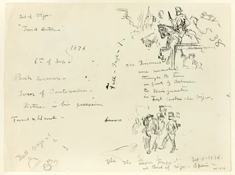 Foglio di schizzi: Soldato a cavallo e Soldato con sciabola che condanna un prigioniero (recto); Foglio di schizzi (verso)
