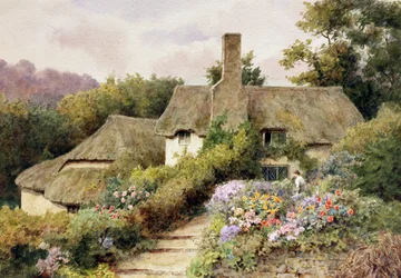 Un cottage a Selworthy, Somerset, Inghilterra. Una donna nel giardino di una casa di campagna inglese. Dipinto di Thomas Nicholson Tyndale (1860-1930, Regno Unito) Collezione privata
