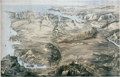 Veduta panoramica delle trincee degli eserciti alleati di Inghilterra e Francia prima di Sebastopoli